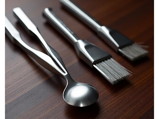 Hochwertige Grillzange und Pinsel auf einem Holzbrett