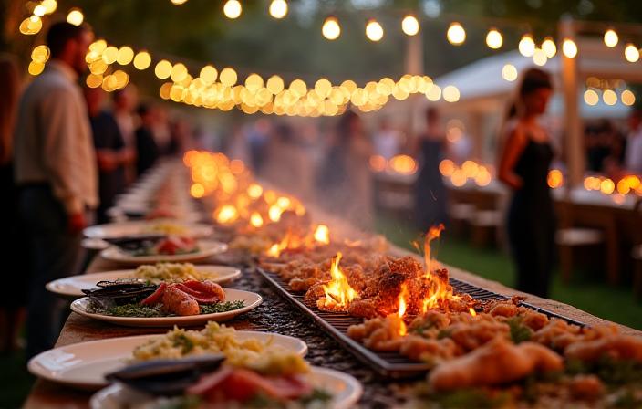 Luxuriöses Catering-Event mit Live-Grilling und elegant gedecktem Tisch